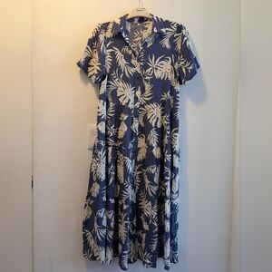 Tropical Palm Print Tiered Maxi Dress 100% Viscose Blue White Large